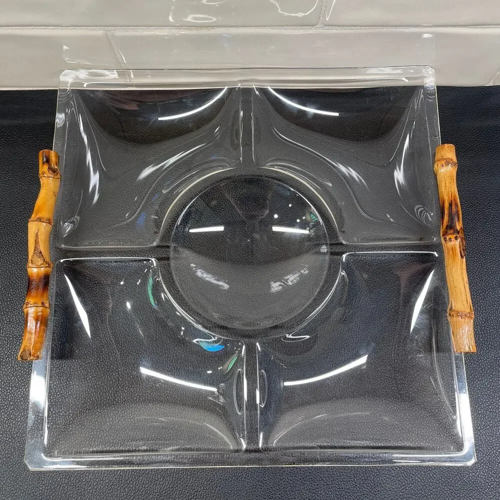 Vintage Bamboo and Acrylic Sectioned Serving Tray